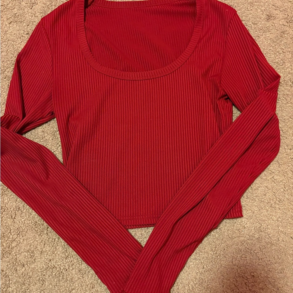 Red Ribbed Long Sleeve Top